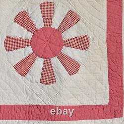 Vintage Handmade Cotton Quilt Red White Gingham Flowers SIGNED, dated 1952