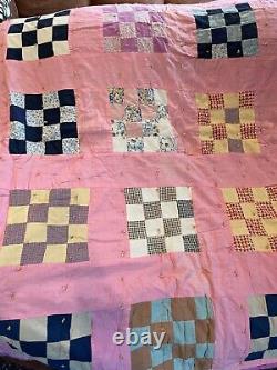 Vintage Handmade Country Farmhouse Patchwork Quilt 66x65 Square Design on Pink