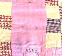 Vintage Handmade Country Farmhouse Patchwork Quilt 66x65 Square Design on Pink