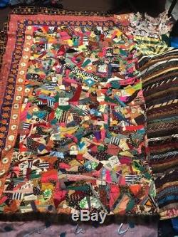 Vintage Handmade Crazy Quilt Blanket Hippie Boho 70s 80s 100 X 84