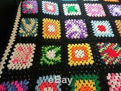 Vintage Handmade Crochet Granny Square Afghan Blanket Quilt Queen 103 x 90