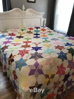 Vintage Handmade Crochet Granny Square Afghan Blanket Star Quilt King 122x114
