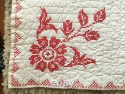 Vintage Handmade Cross Stitch Embroidered Quilt, Large size 79x90