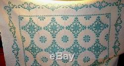 Vintage Handmade Cross Stitch Embroidered quilt Turquoise & white Queen / full
