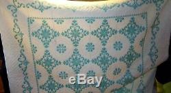Vintage Handmade Cross Stitch Embroidered quilt Turquoise & white Queen / full