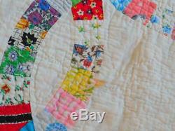 Vintage Handmade DOUBLE WEDDING RING QUILT Cotton Prints Brown Backing 90x90