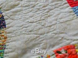 Vintage Handmade DOUBLE WEDDING RING QUILT Cotton Prints Brown Backing 90x90