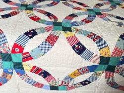 Vintage Handmade Double Wedding Ring Patchwork Quilt Hardly Used A494