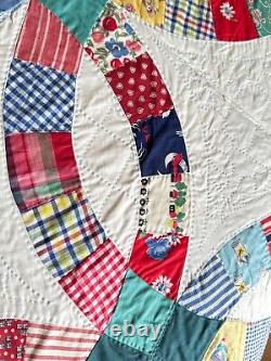 Vintage Handmade Double Wedding Ring Patchwork Quilt Hardly Used A494