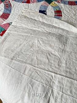 Vintage Handmade Double Wedding Ring Patchwork Quilt Hardly Used A494