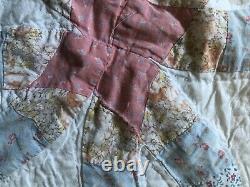 Vintage Handmade Double Wedding Ring Quilt Pink Blue & White Scalloped 80x80
