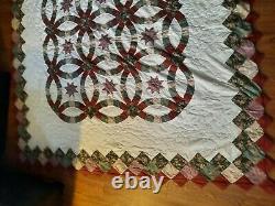 Vintage Handmade Double Wedding Ring & Star Quilt Farmhouse 81×81 Queen/Full