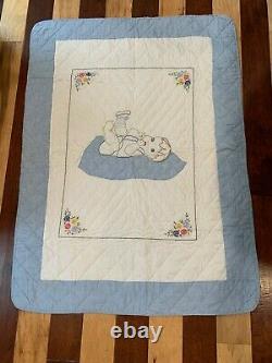 Vintage Handmade Embroider Applique Baby Boy Crib Quilt Gingham Blue UNUSED NEW