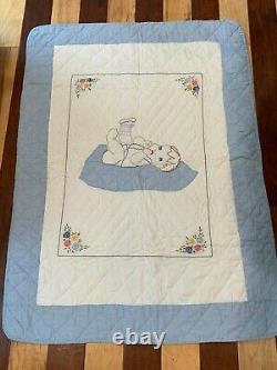 Vintage Handmade Embroider Applique Baby Boy Crib Quilt Gingham Blue UNUSED NEW