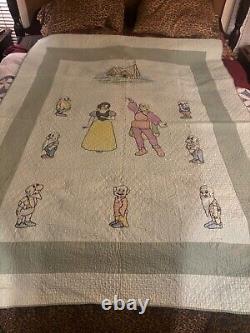 Vintage Handmade Embroidered Disney Snow White & Seven Dwarves Quilt