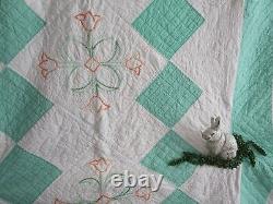 Vintage Handmade Embroidered Quilt, HAND QUILTED, 8O X 88, JADE GREEN, TULIPS