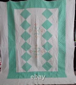 Vintage Handmade Embroidered Quilt, HAND QUILTED, 8O X 88, JADE GREEN, TULIPS