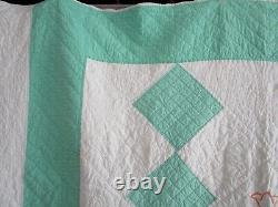 Vintage Handmade Embroidered Quilt, HAND QUILTED, 8O X 88, JADE GREEN, TULIPS