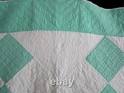 Vintage Handmade Embroidered Quilt, HAND QUILTED, 8O X 88, JADE GREEN, TULIPS