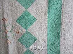 Vintage Handmade Embroidered Quilt, HAND QUILTED, 8O X 88, JADE GREEN, TULIPS