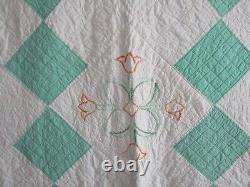 Vintage Handmade Embroidered Quilt, HAND QUILTED, 8O X 88, JADE GREEN, TULIPS