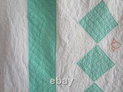 Vintage Handmade Embroidered Quilt, HAND QUILTED, 8O X 88, JADE GREEN, TULIPS