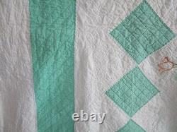 Vintage Handmade Embroidered Quilt, HAND QUILTED, 8O X 88, JADE GREEN, TULIPS