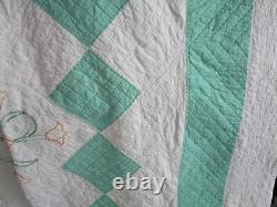 Vintage Handmade Embroidered Quilt, HAND QUILTED, 8O X 88, JADE GREEN, TULIPS