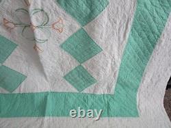 Vintage Handmade Embroidered Quilt, HAND QUILTED, 8O X 88, JADE GREEN, TULIPS