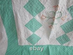 Vintage Handmade Embroidered Quilt, HAND QUILTED, 8O X 88, JADE GREEN, TULIPS