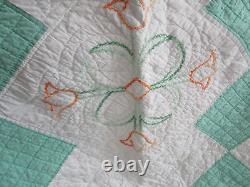 Vintage Handmade Embroidered Quilt, HAND QUILTED, 8O X 88, JADE GREEN, TULIPS