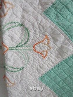 Vintage Handmade Embroidered Quilt, HAND QUILTED, 8O X 88, JADE GREEN, TULIPS