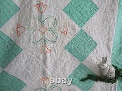 Vintage Handmade Embroidered Quilt, HAND QUILTED, 8O X 88, JADE GREEN, TULIPS