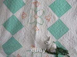 Vintage Handmade Embroidered Quilt, HAND QUILTED, 8O X 88, JADE GREEN, TULIPS