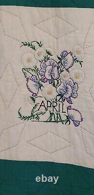 Vintage Handmade Embroidery Quilt 80X 63 Hand Quilted Days Of The Month Flower