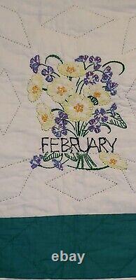 Vintage Handmade Embroidery Quilt 80X 63 Hand Quilted Days Of The Month Flower