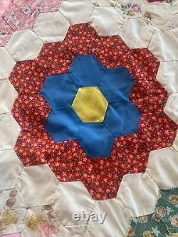 Vintage Handmade Feed Sack Grandmothers Flower Garden Quilt 84 x 68 LOOK