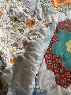 Vintage Handmade Feed Sack Grandmothers Flower Garden Quilt 84 x 68 LOOK