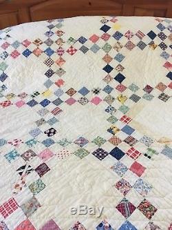 Vintage Handmade Feed Sack Multi Color Irish Double Chain Quilt 74 x 89