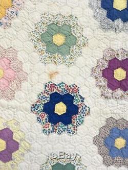 Vintage Handmade Feedsack Quilt, Grandma's Flower Hand Sewn