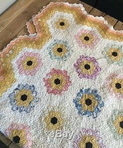Vintage Handmade Floral Patch Quilt 89x69 Multi Colored R2