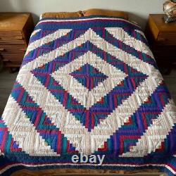 Vintage Handmade Geometric Retro Cabin Hand Stitched Full Size Quilt Blanket
