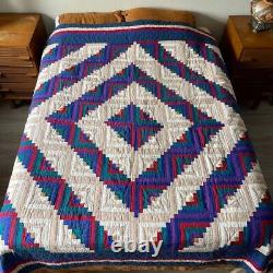Vintage Handmade Geometric Retro Cabin Hand Stitched Full Size Quilt Blanket