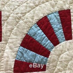 Vintage Handmade HAND QUILTED Red Blue Fan Block Quilt 76.5 x 66.5