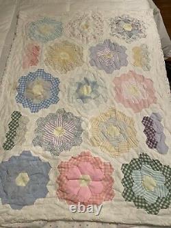 Vintage Handmade Hand Cut, Pieced, Sewn Grandmothers Flower Garden Quilt Top