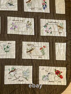Vintage Handmade Hand Embroidered 50 State Birds and Flowers Quilt 104x87