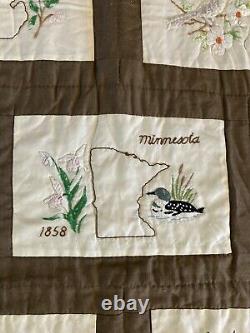 Vintage Handmade Hand Embroidered 50 State Birds and Flowers Quilt 104x87