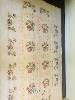 Vintage Handmade Hand Made Cross Stitched Yellow Roses Quilt 95 X 61 Twin