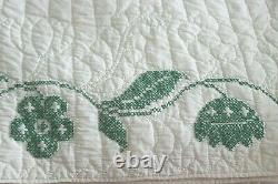 Vintage Handmade Hand Quilted Cross Stitched Quilt Green and White 90 x 79