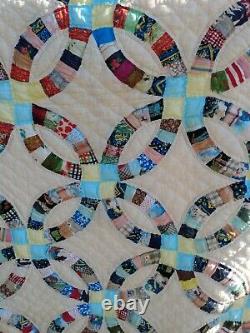 Vintage Handmade Hand Quilted Double Wedding Ring Quilt 74/87